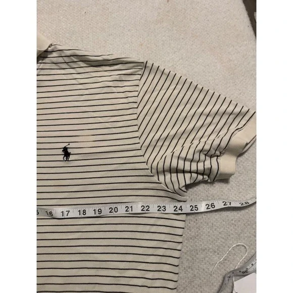 Polo Ralph Lauren Mens Large Cream Navy Striped Short Sleeve Pique Polo Shirt - Picture 6 of 8